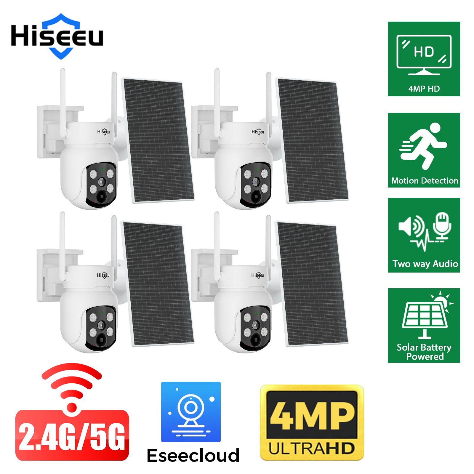 1~4PCS Hiseeu 4MP Wireles WiFI Solar Battery Security Camera 2-Way Audio PTZ PIR