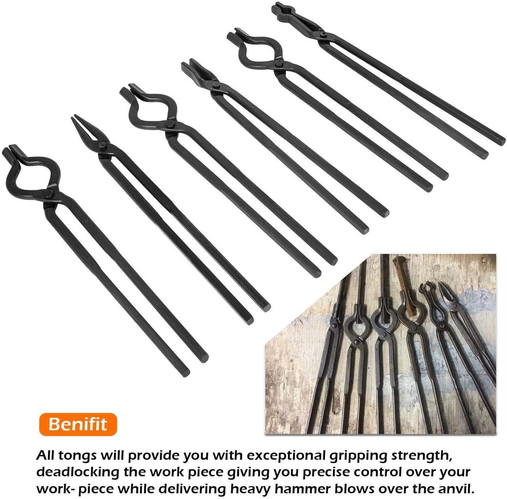 Beginner Blacksmith Tongs Blacksmith Forge Tong Tools Set V-Bit,Flat Jaw,Pick Up