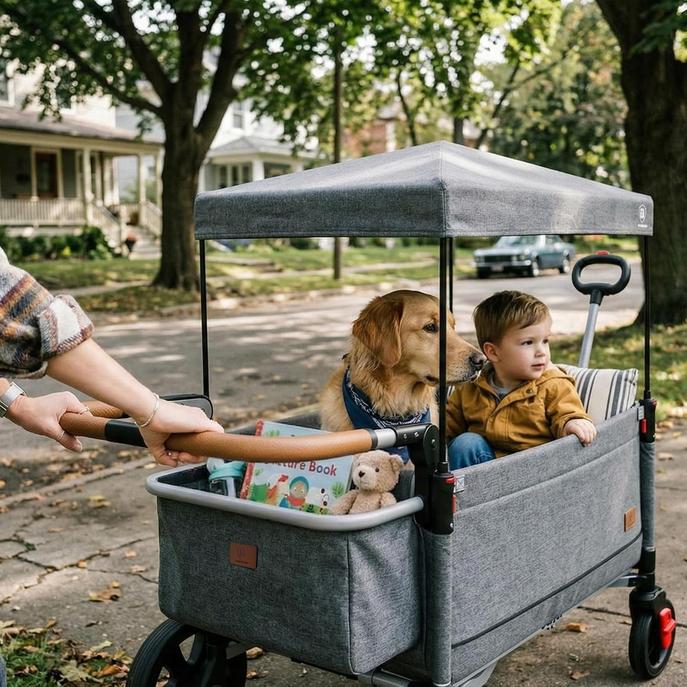 Side-Unzip Stroller Wagon for 2 Kids - 2-In-1 Bench Mode & All-Terrain Push-Pull