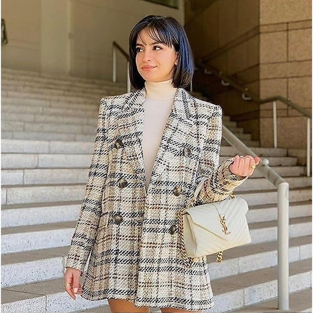 ZARA Wool-Blend Double Breasted Plaid Blazer NWT