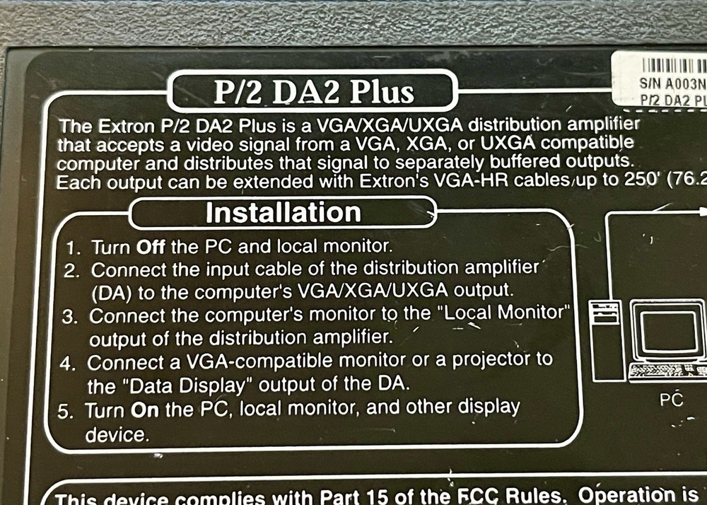Extron P/2 DA2 PLUS Dual Output VGA/DVI Distribution Amplifier Splitter