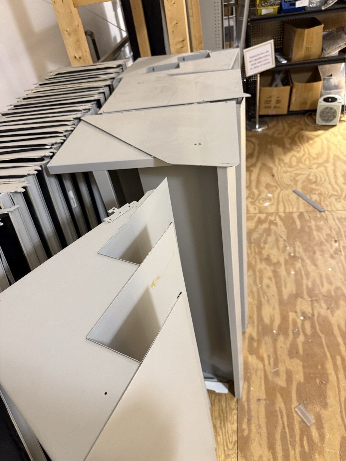 HUGE lot of pallets of Used Lozier Shelving shelves, components, glass cases