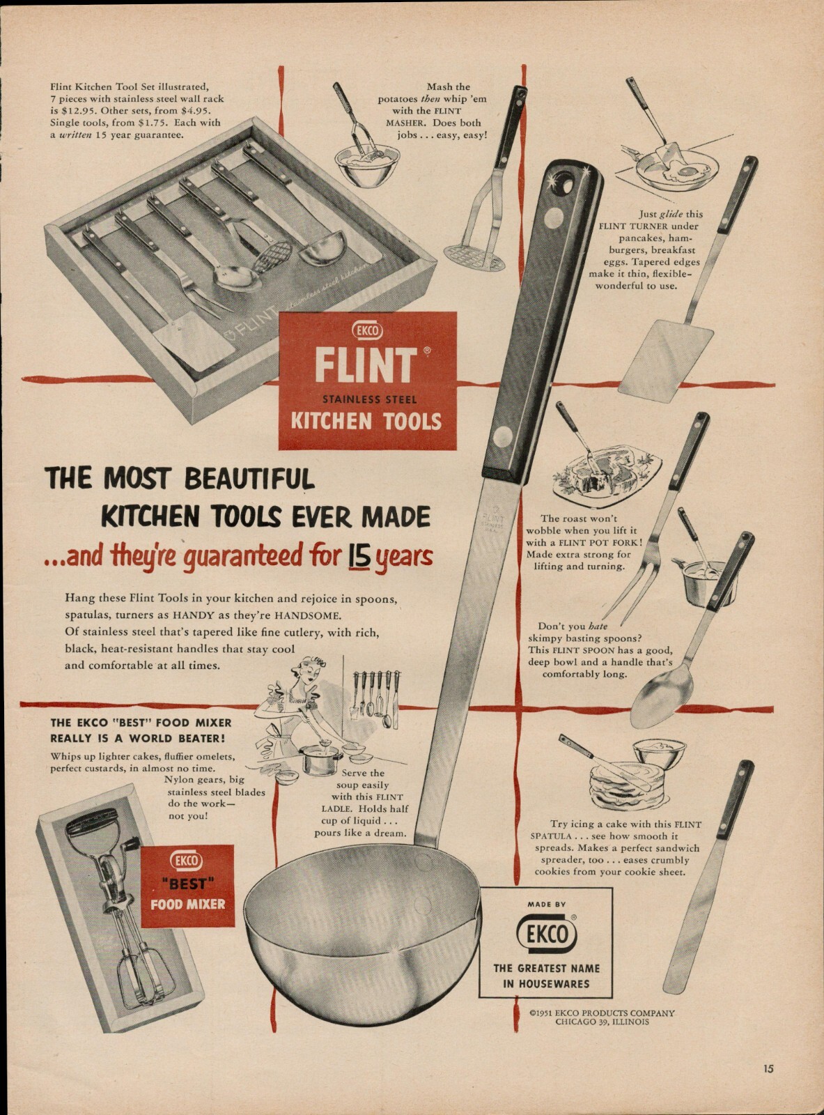 1951 Home Kitchen Utensils Flint 50s Vintage Print Ad Ekco Stainless Steel Ladel