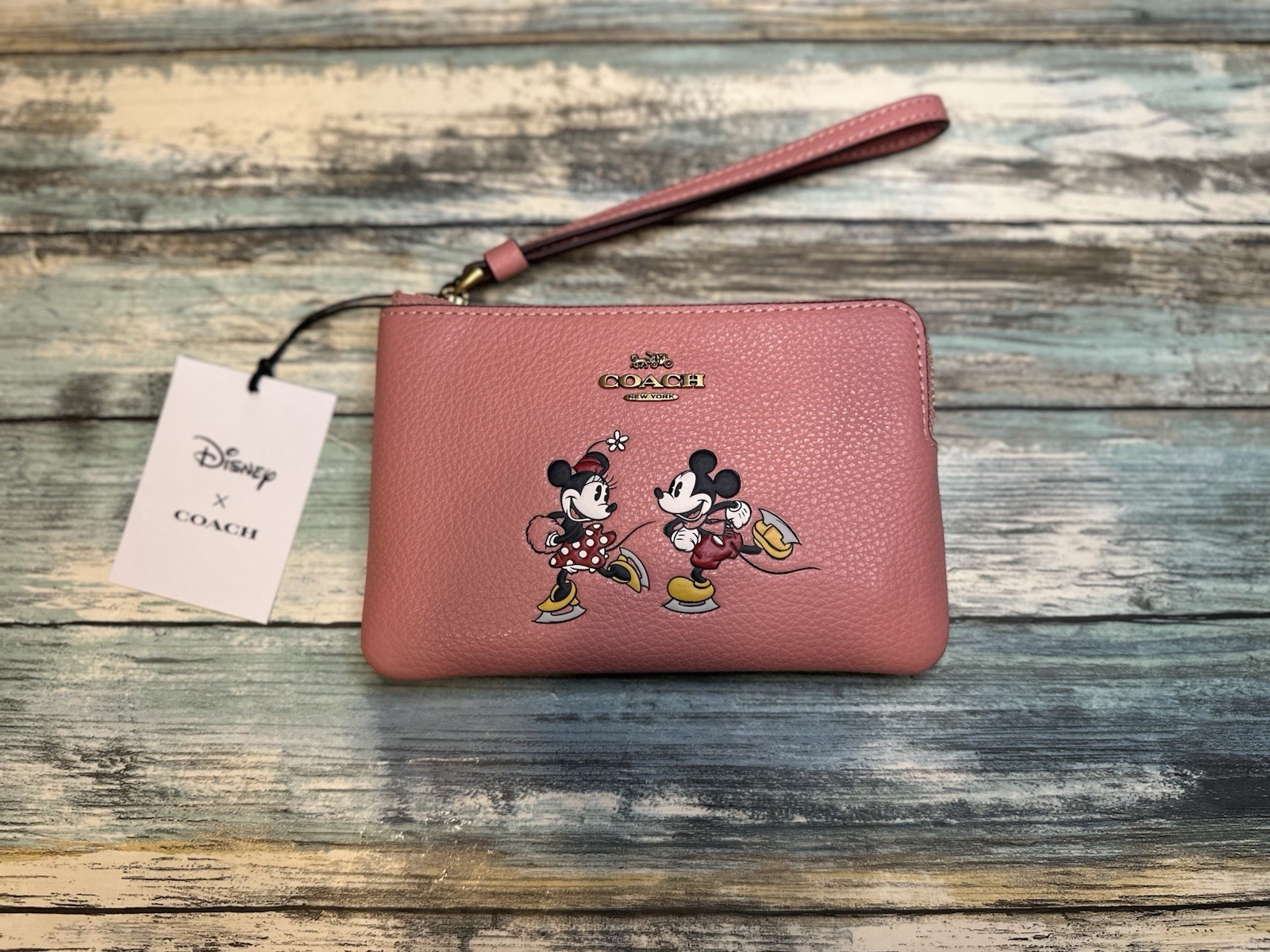 NEW Disney x Coach Corner Zip Wristlet Ice Skate Motif Mickey and Minnie Mouse