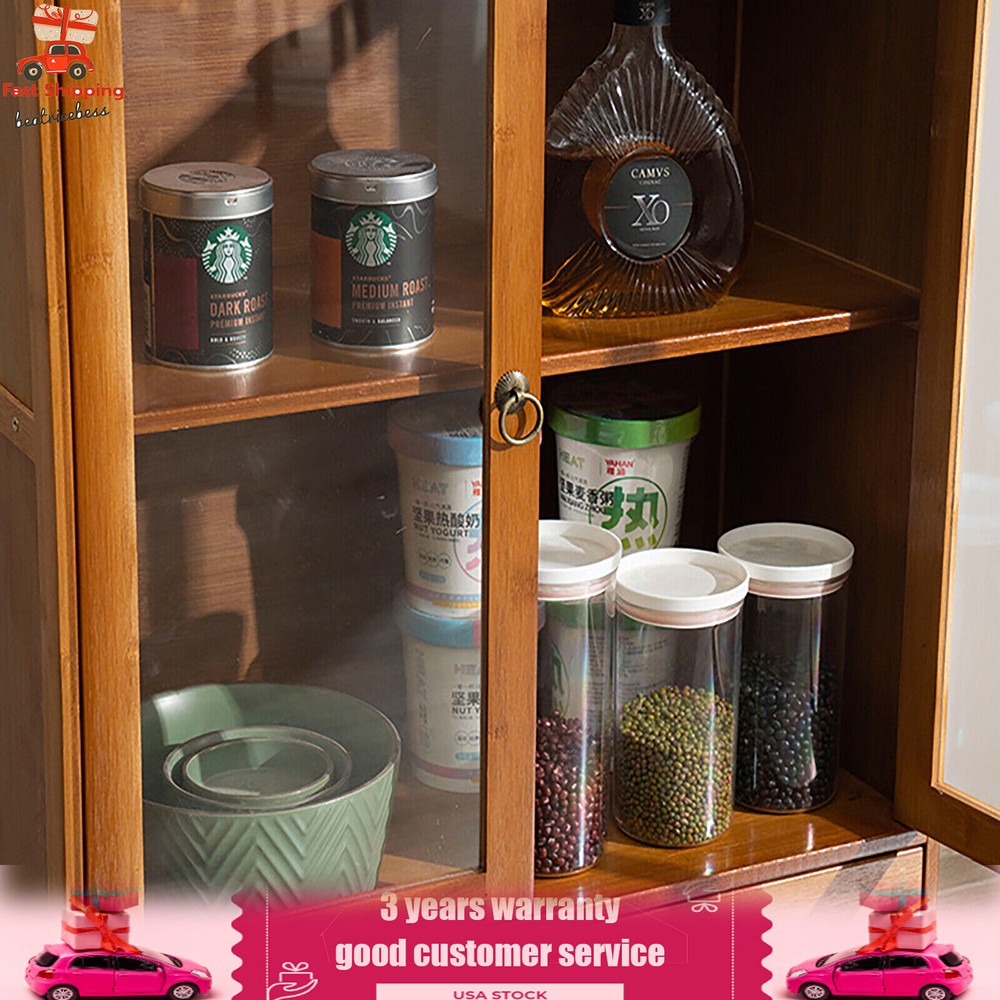 2-Compartments Bamboo Kitchen Sideboard Storage Organizer Cupboard Freestanding