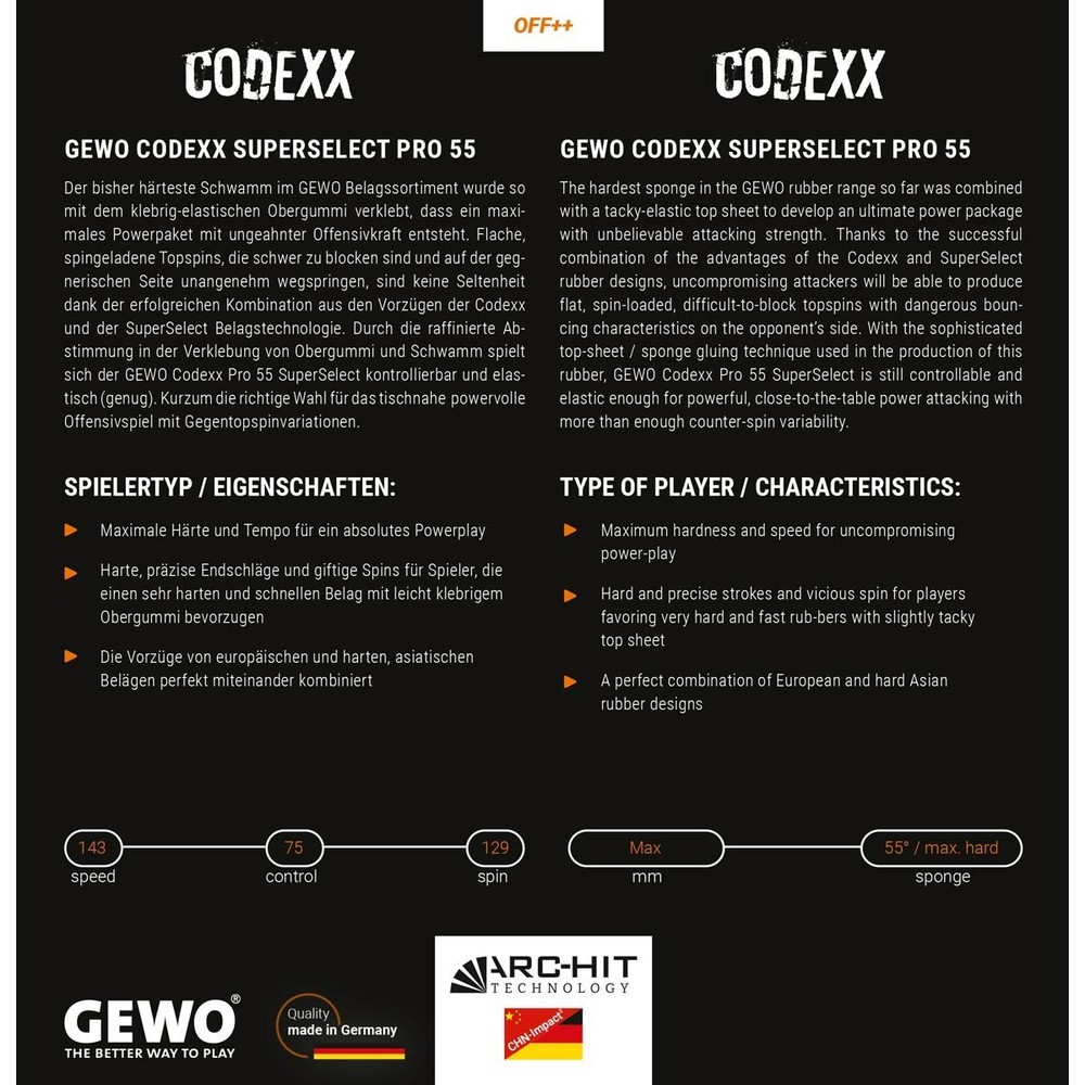 Gewo Codexx Pro 55 SuperSelect table tennis rubber, 2.3 mm (Maximum thickness)