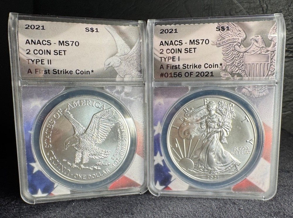 2021 MS70 Silver Eagle 2 Coin Set-Type 1 & Type II ANACS First Strike
