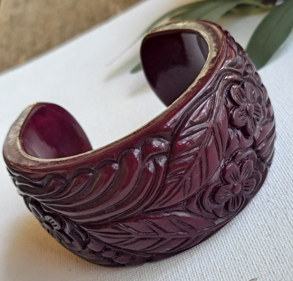 Bakelite Carved Dark Cherry Leaf Open Wide Cuff Bracelet