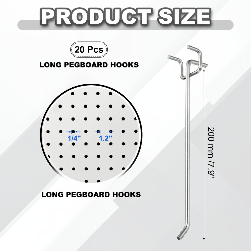 20 Pcs Pegboard Hooks, 7.9" Peg Board Hooks Kit, Silver Tone (1.2mm)