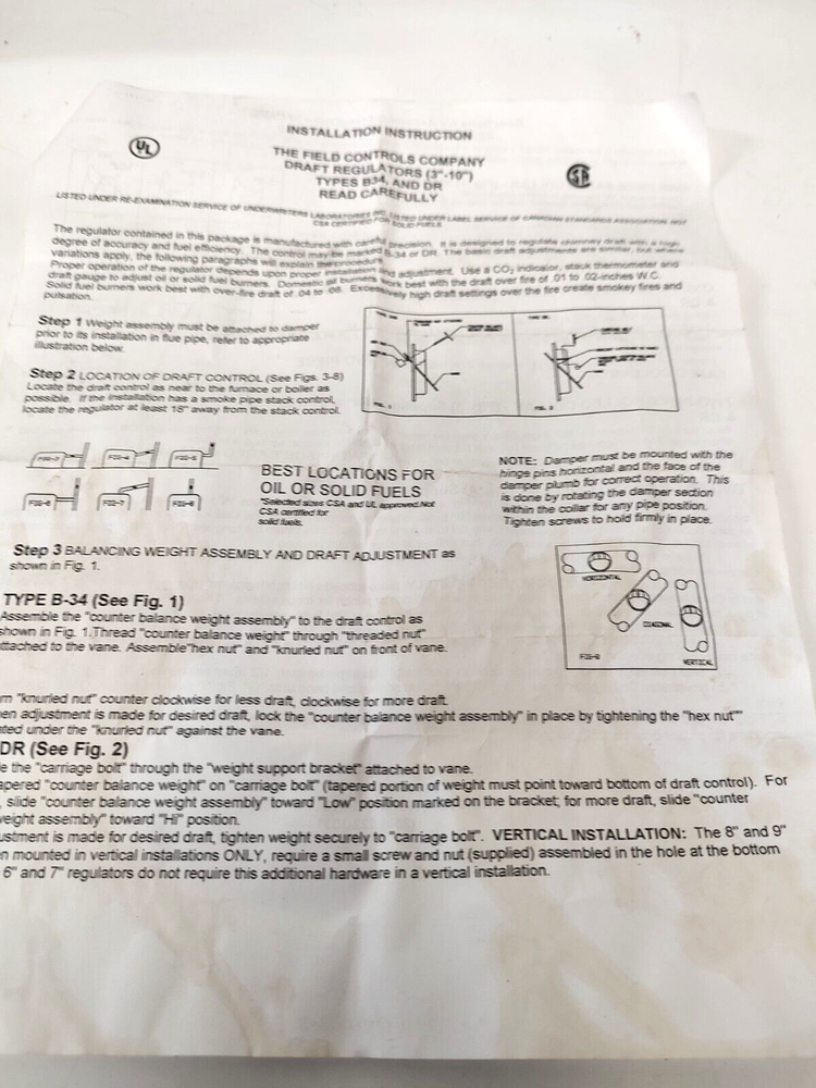 FIELD CONTROLS - 5" AUTOMATIC DRAFT REGULATOR CONTROL B34, 34B New Old Stock