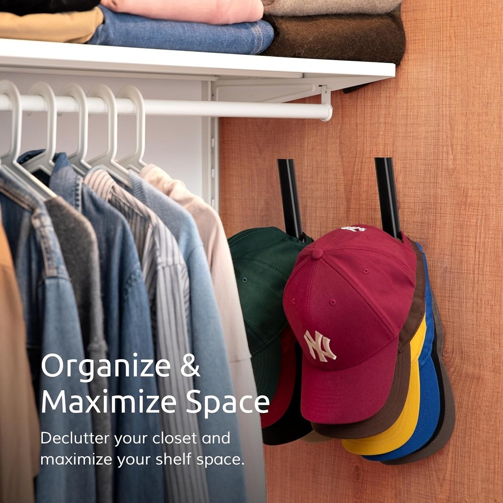 Hat Rack for Baseball Caps – Wall Mounted Vertical Holder, 2 Pack, Black