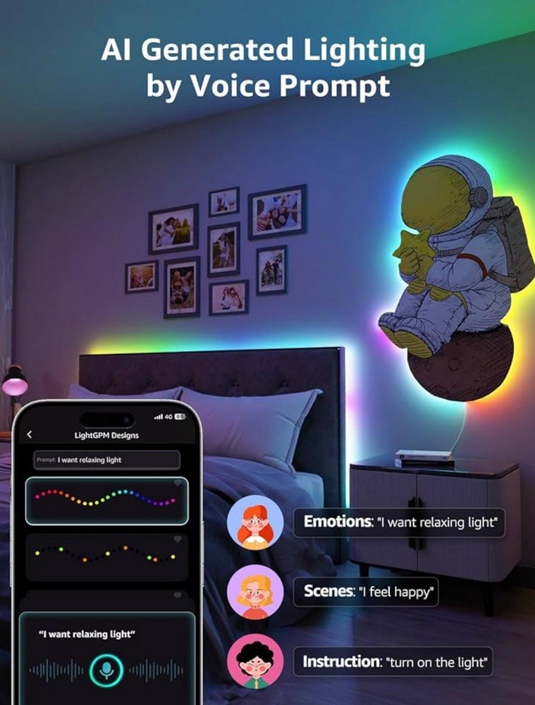 32.8ft LED AI Generated Light Strips W/Rainbow Color Effects, Wi-Fi & Bluetooth