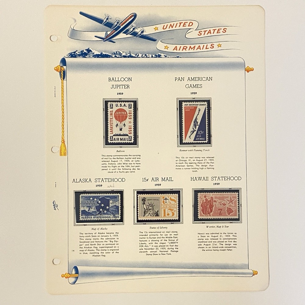 White Ace United States Airmails 12 Album Pages 1930-1968 With Mounted Stamps
