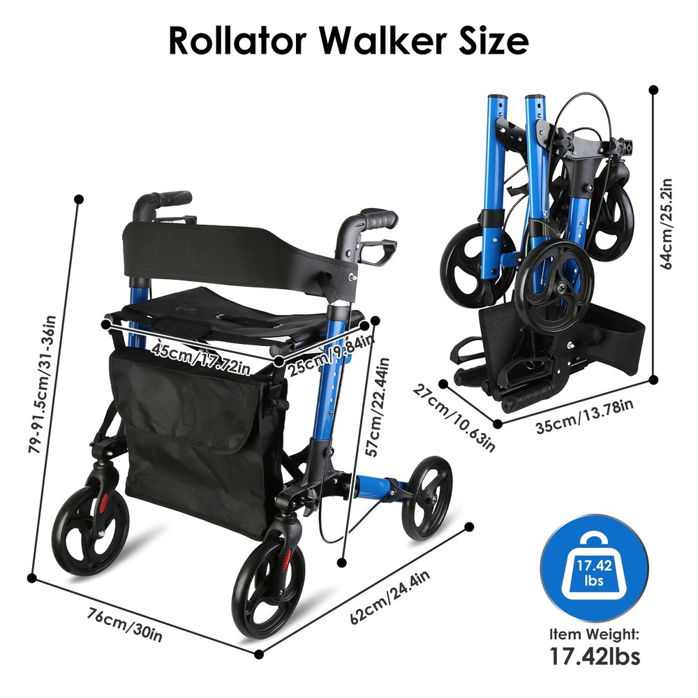 Aluminum Rollator Walker & Seat Backrest Rolling Walker Adjustable Height Walker