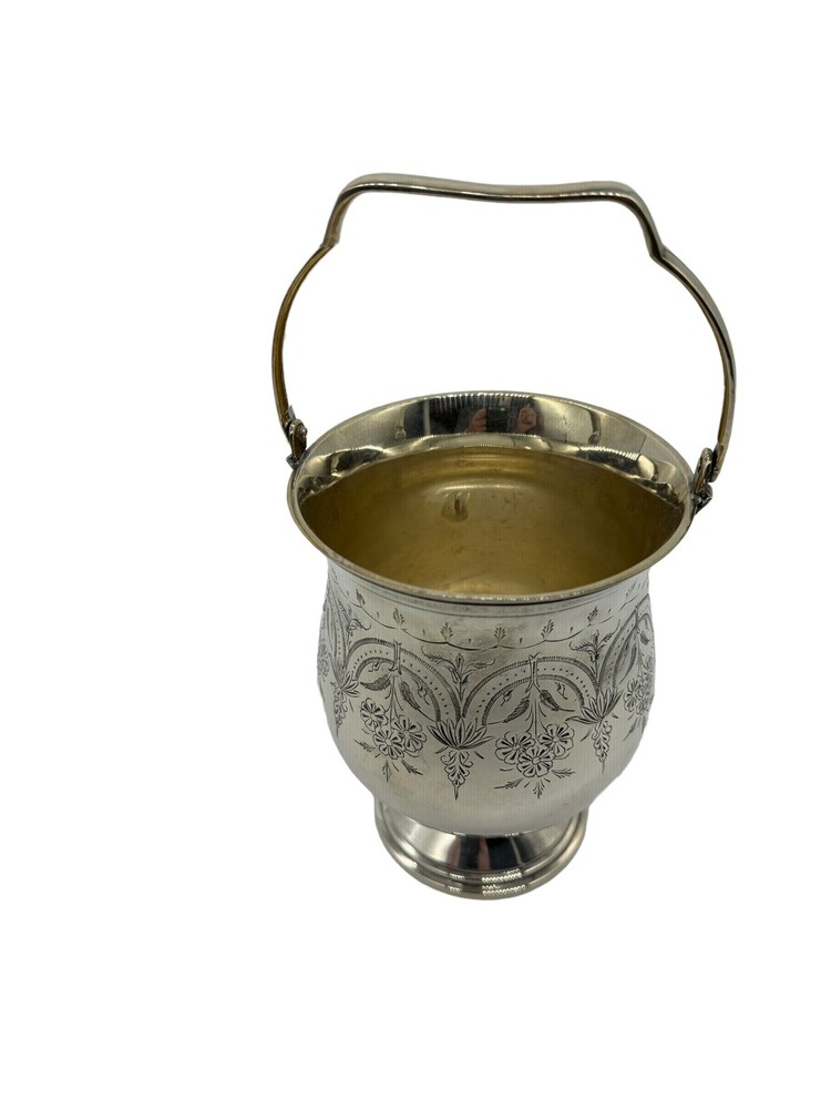 Vintage Eales 1779 Footed Silver Ice Bucket With Handle Etched Floral Pattern