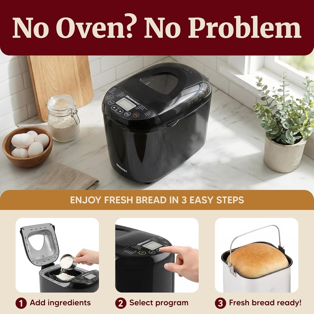 Programmable Bread Maker, 2 lb Loaf, 3 Sizes, 19 Presets incl. Gluten-Free, D...