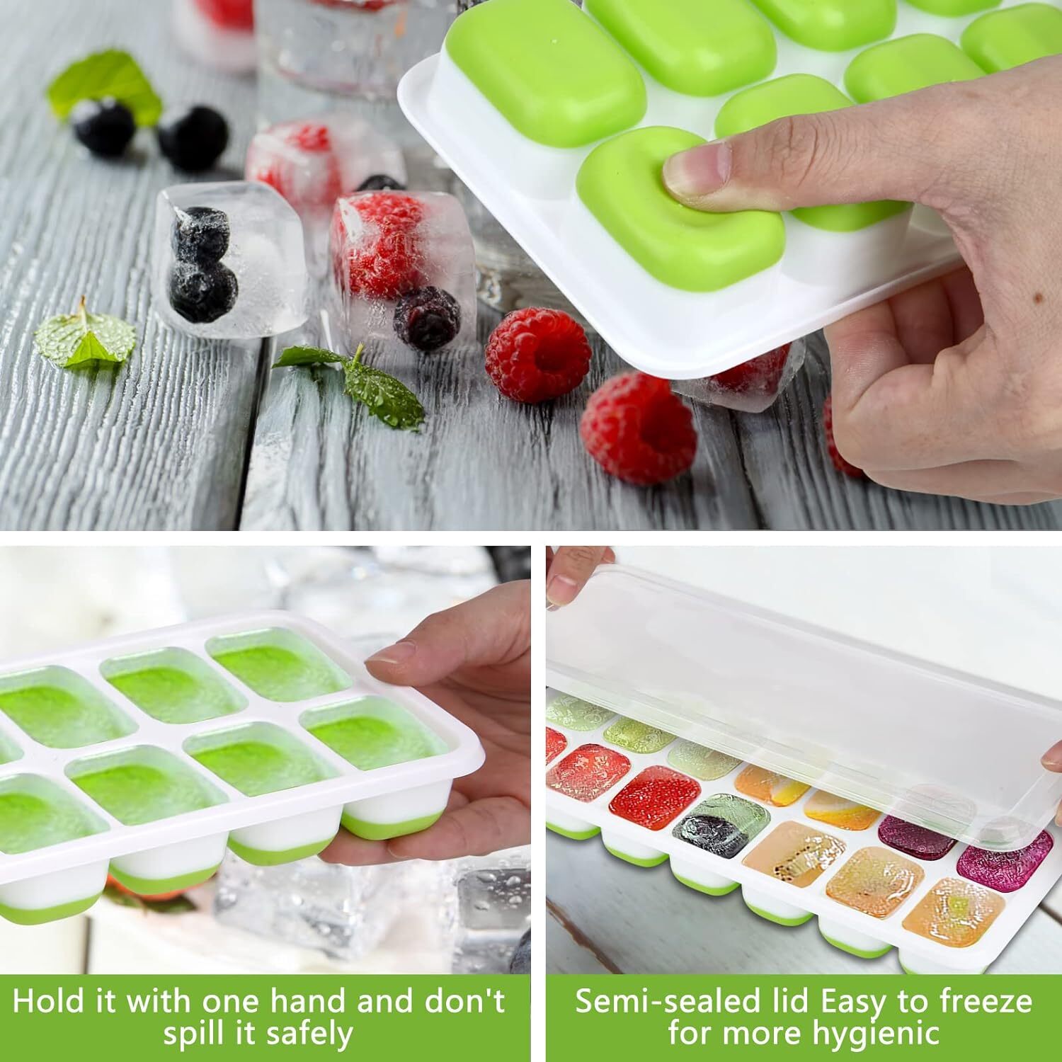 Ice Cube Tray, 4 Pack Silicone Ice Tray, 14 Ice Cube Molds with Lids, Stackable