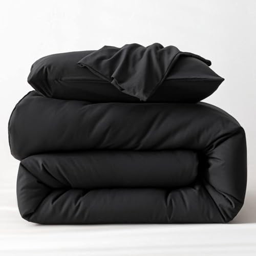 3PCS Black Comforter Set with 2 Pillowcases, Brushed Queen Solid Black