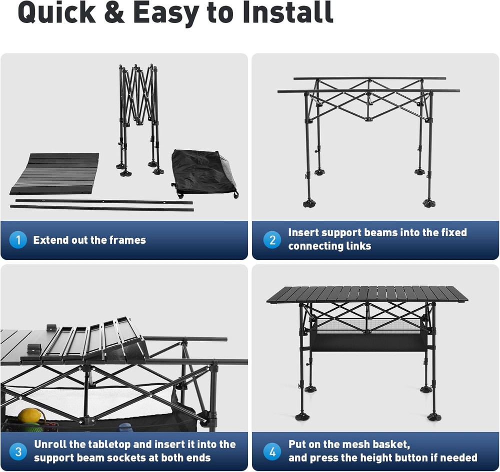 Folding Camping Table, Portable Roll-Up Table with Adjustable Height, Large Stor