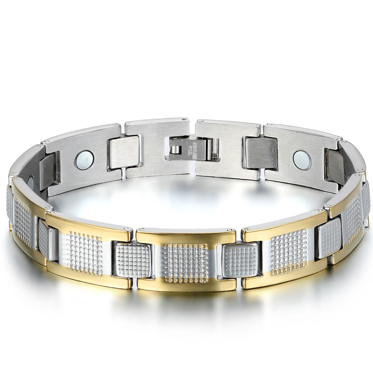 Silver Gold Two Tone Stainless Steel Link Men's Golf Therapy Magnetic Bracelet