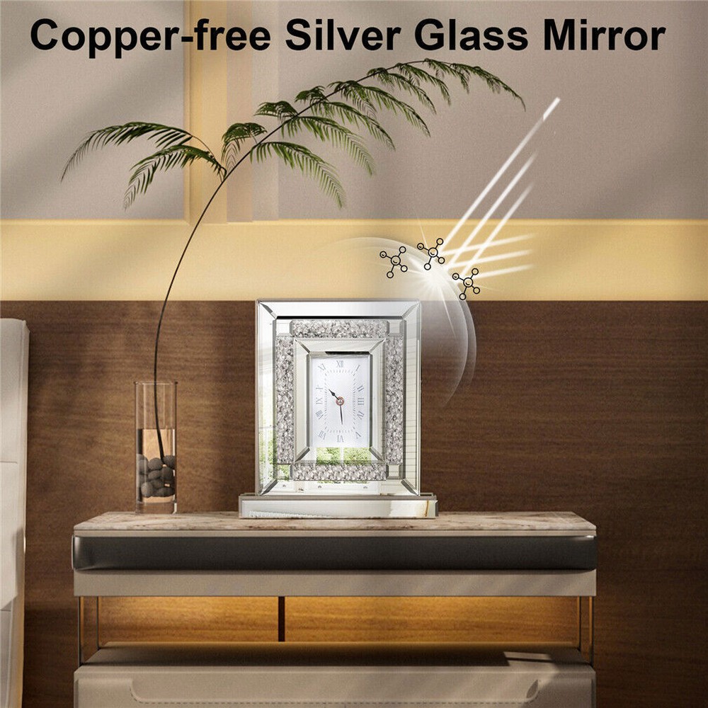 Polished Silver Table Desktop Clock Crush Diamond Surrounded Fireplace Ornaments