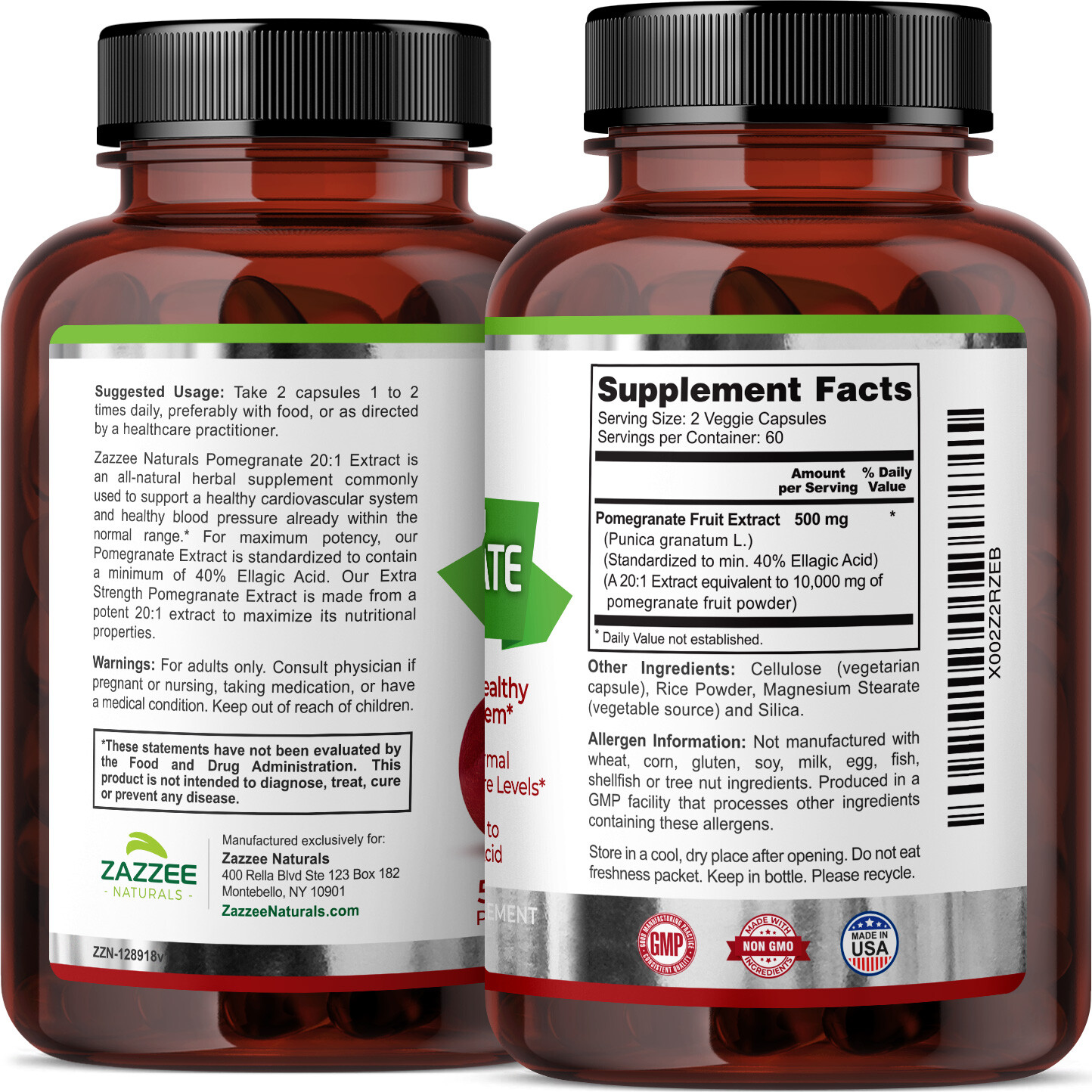 Extra Strength Pomegranate 20:1 Extract 40% Ellagic Acid, 500 mg, 120 Vegan Caps