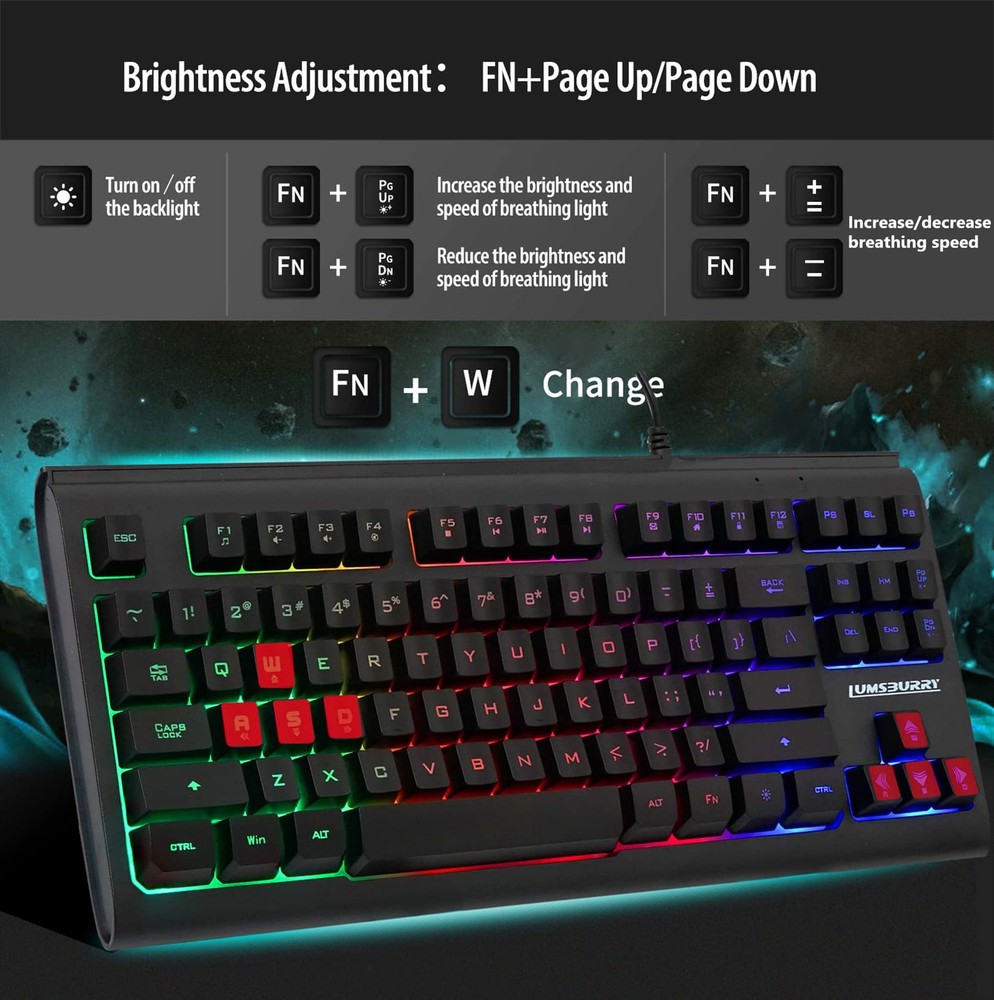 Computer Keyboard, 87 Keys Compact Wired USB Keyboard with Rainbow LED Light ...