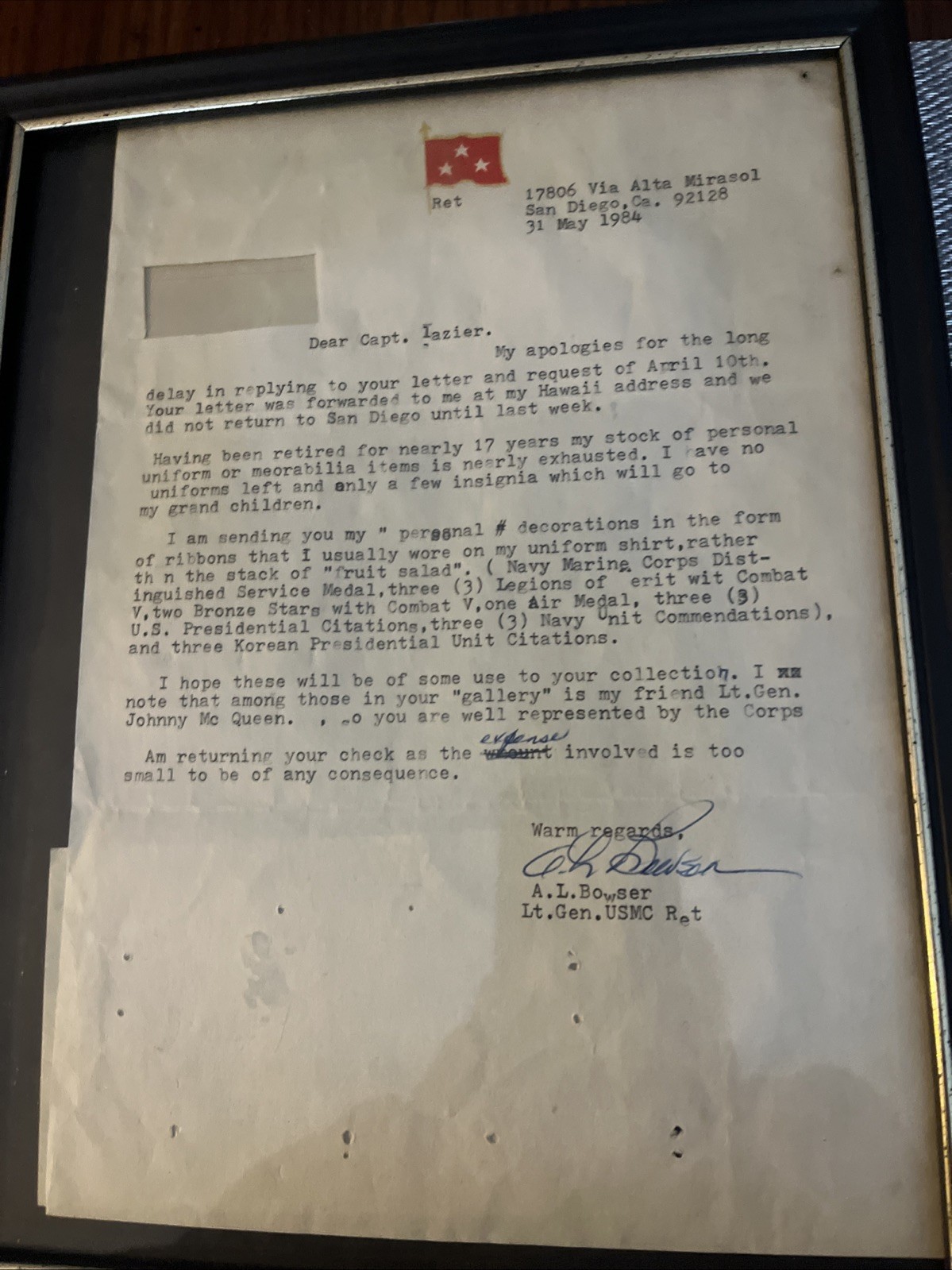 Attributed USMC Insignia And Letter Lt. Gen AL Bowser