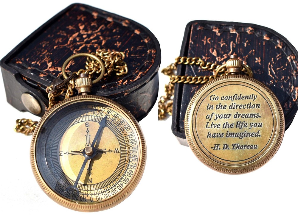 Solid Brass Thoreau's Go Confidently Quote Engraved Compass with Wooden Box, ...
