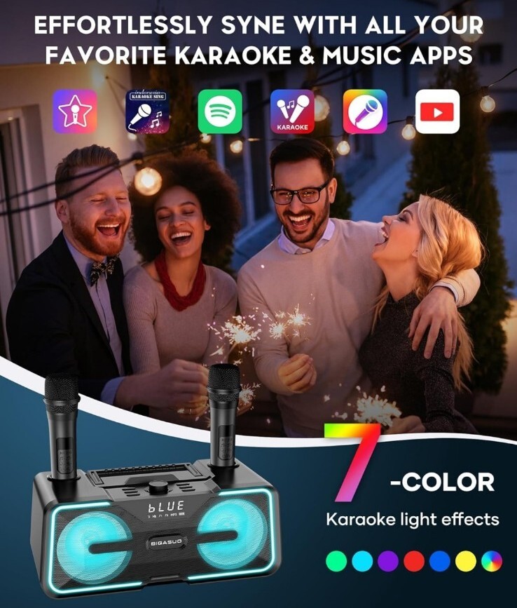 Portable Bluetooth Karaoke Machine with LED Lights & 2 UHF Wireless Microphones*