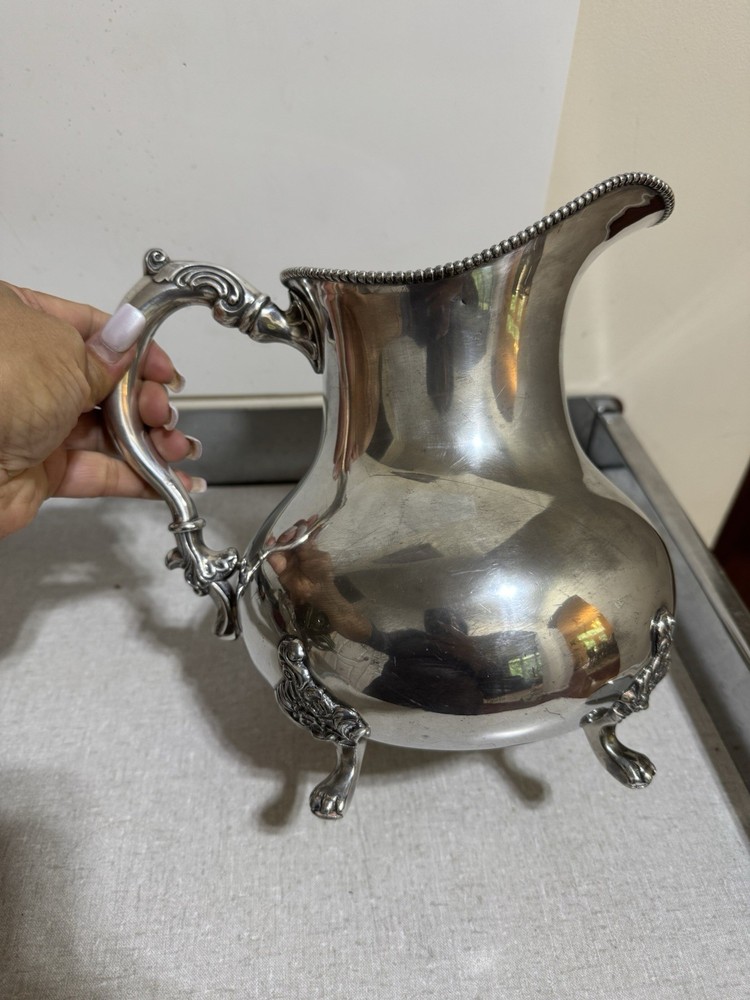 John Wanamaker Co Silver water pitcher Beaded Edge Ornate Handle & Feet Vintage