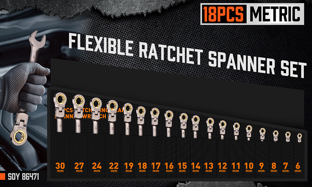 18 PC Flex Head Ratcheting Wrench Set 6 - 30 MM Combination End Spanner & Pounch