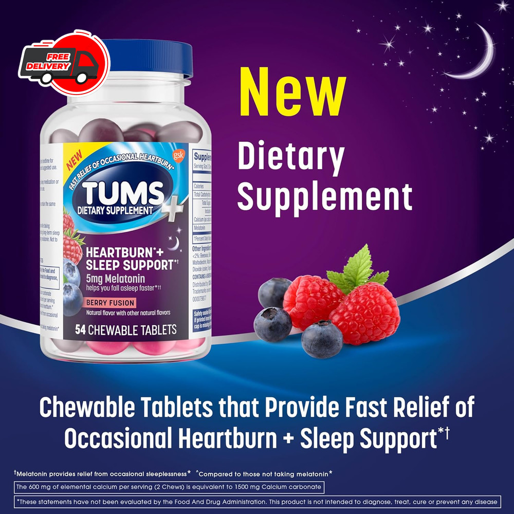 TUMS Heartburn Plus Sleep Support Chewable Dietary Supplement Tablets for Occ...