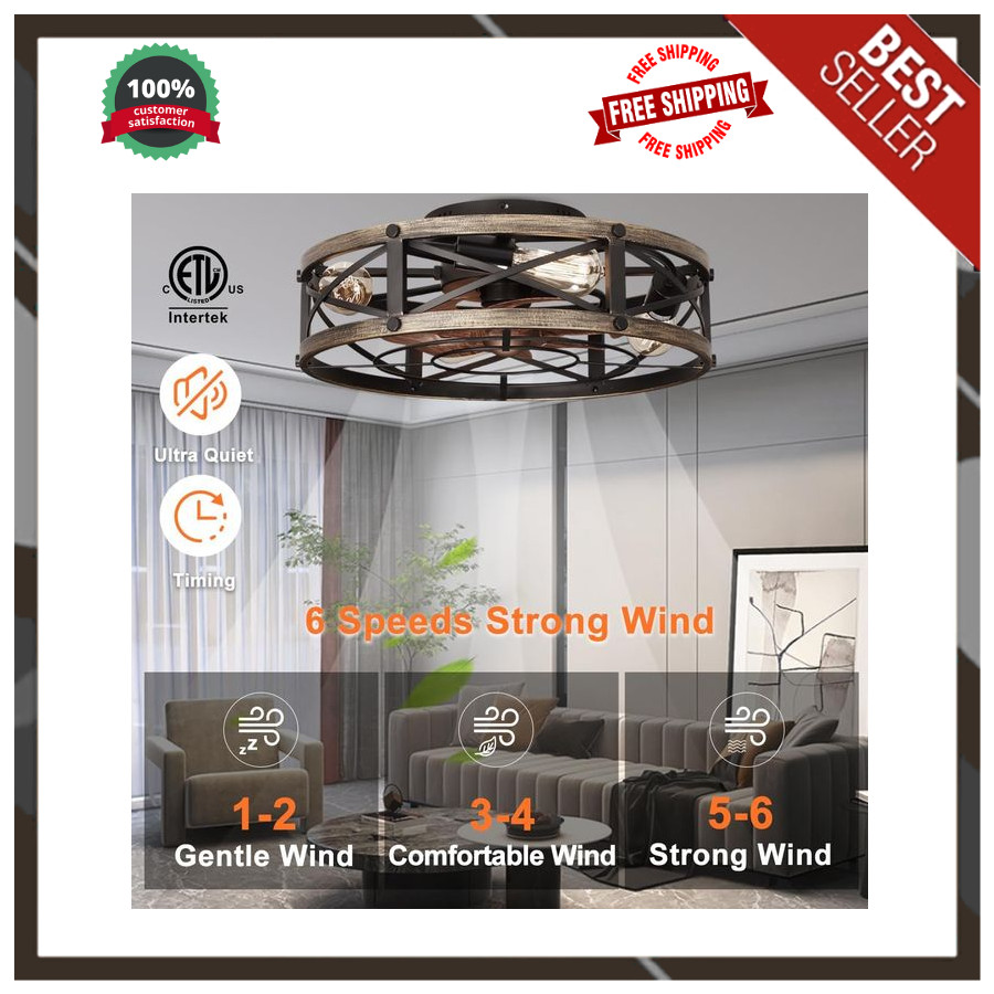 Rustic 19" Ceiling Fan with Light and Remote, 6 Speeds, Farmhouse Flush Mount