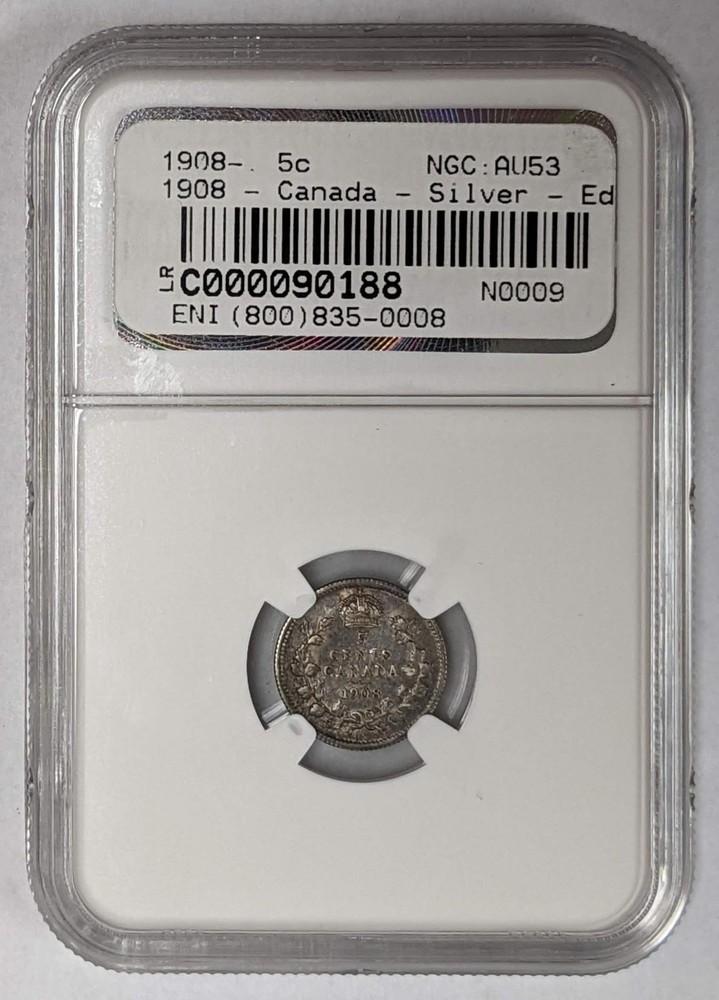 1908 Canada 5c Small 8 NGC AU 53