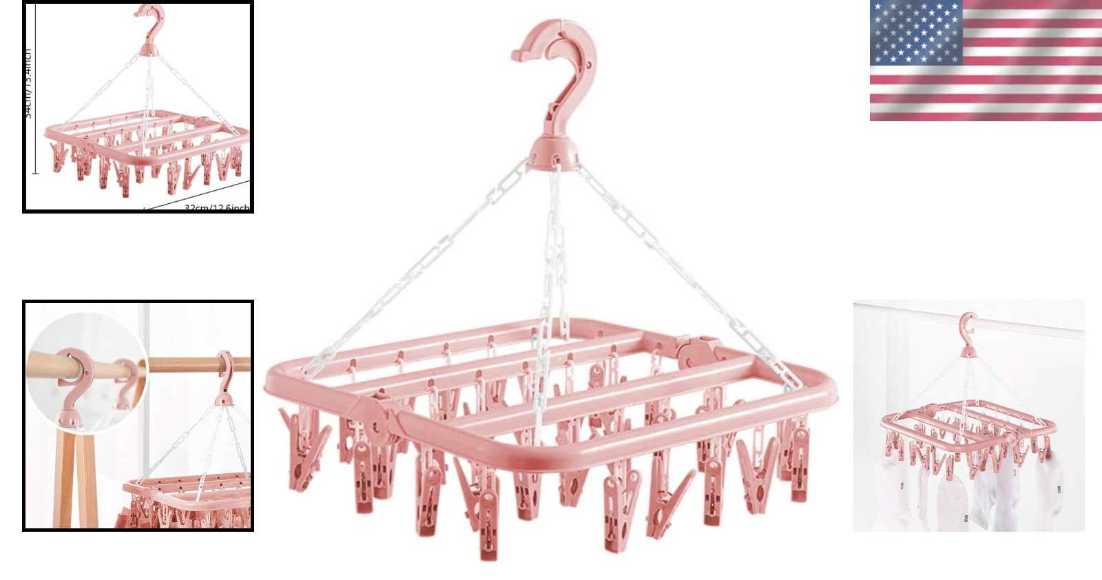 32-Clip Light Pink Clothes Drying Rack - Adjustable Hooks & Collapsible Design