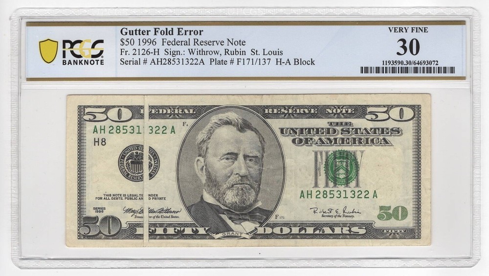 1996 $50 FRN St. Louis Gutter Fold Error VF-30