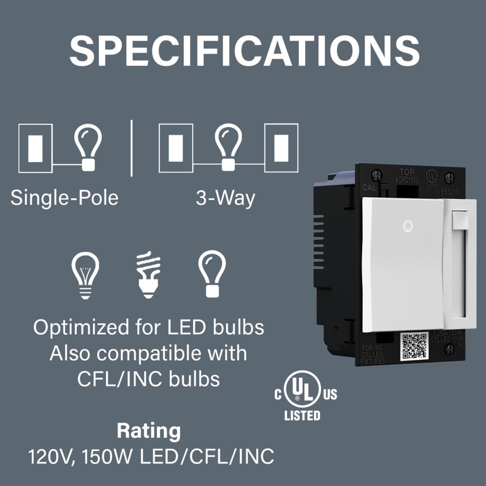 Legrand Adorne Paddle LED Advanced Dimmer Switch White 3-Way/Single Pole