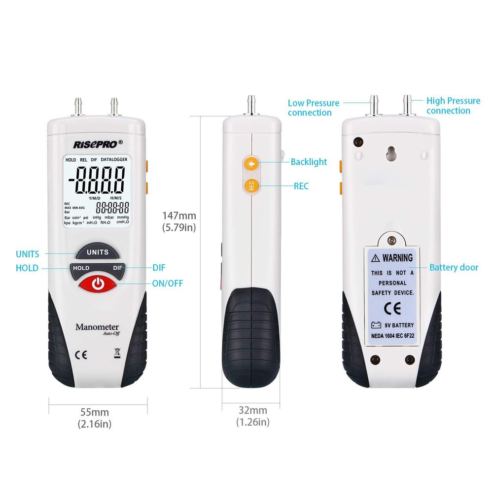 Manometer RISEPRO® Digital Air Pressure Meter and Differential Pressure Gauge...