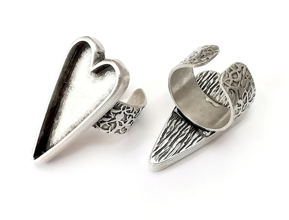 Heart Ring Blank Settings, Cabochon Mounting, Adjustable Antique Silver Resin