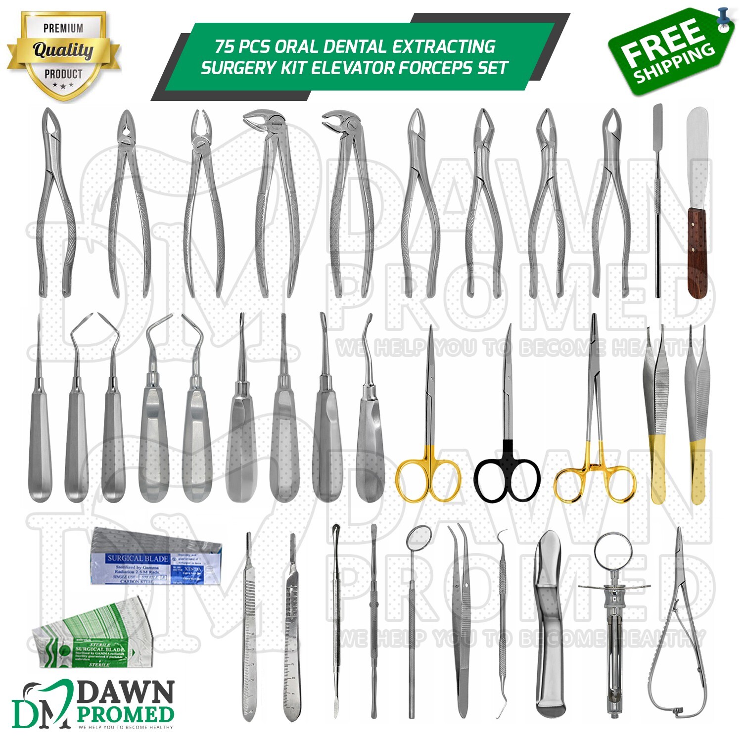 75 Pcs Oral Dental Extracting Surgery Kit Elevator Forceps Set German Grade