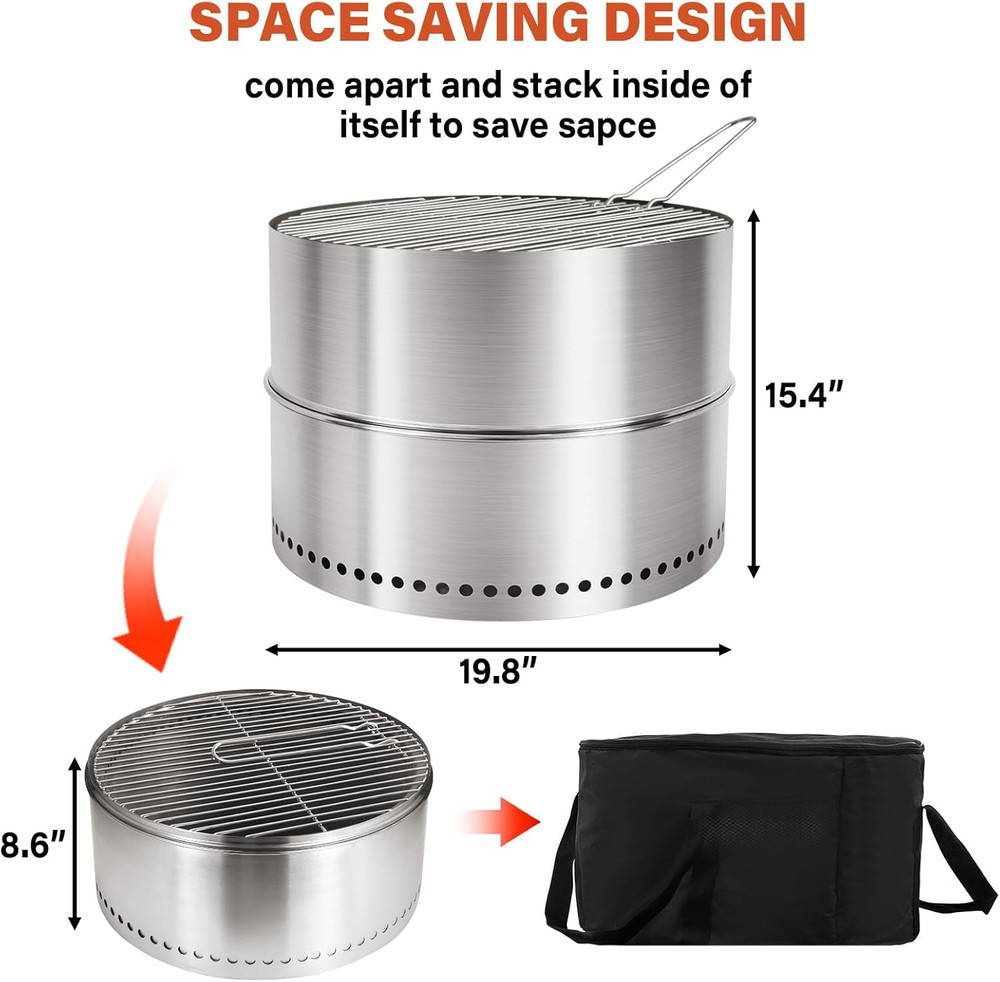 Compact 19.8" Smokeless Fire Pit & Grill - Perfect for Camping & Backyard Fun