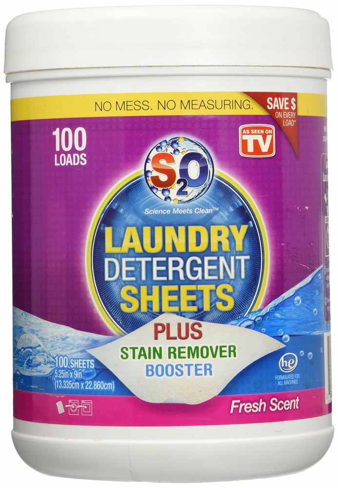 S2O Laundry Detergent Sheets Plus Stain Remover Booster, Fresh Scent, 100 ..