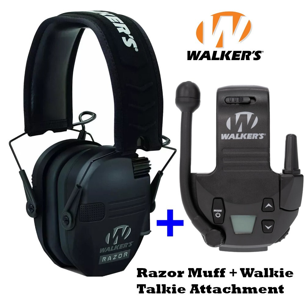 Walkers Razor Slim Electronic Muff + Walkie Talkie Attachment Bundle Black