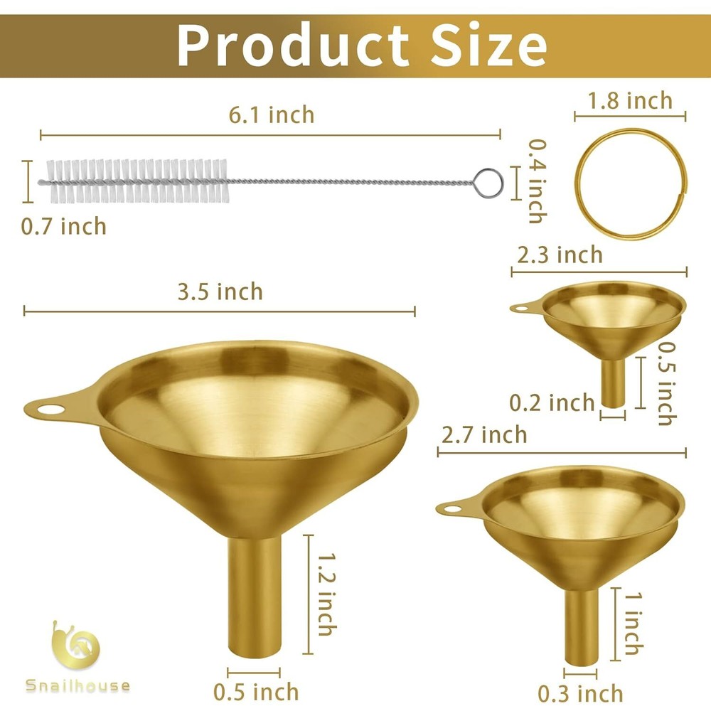 Mini Stainless Steel Funnels 3 Pack with Brush