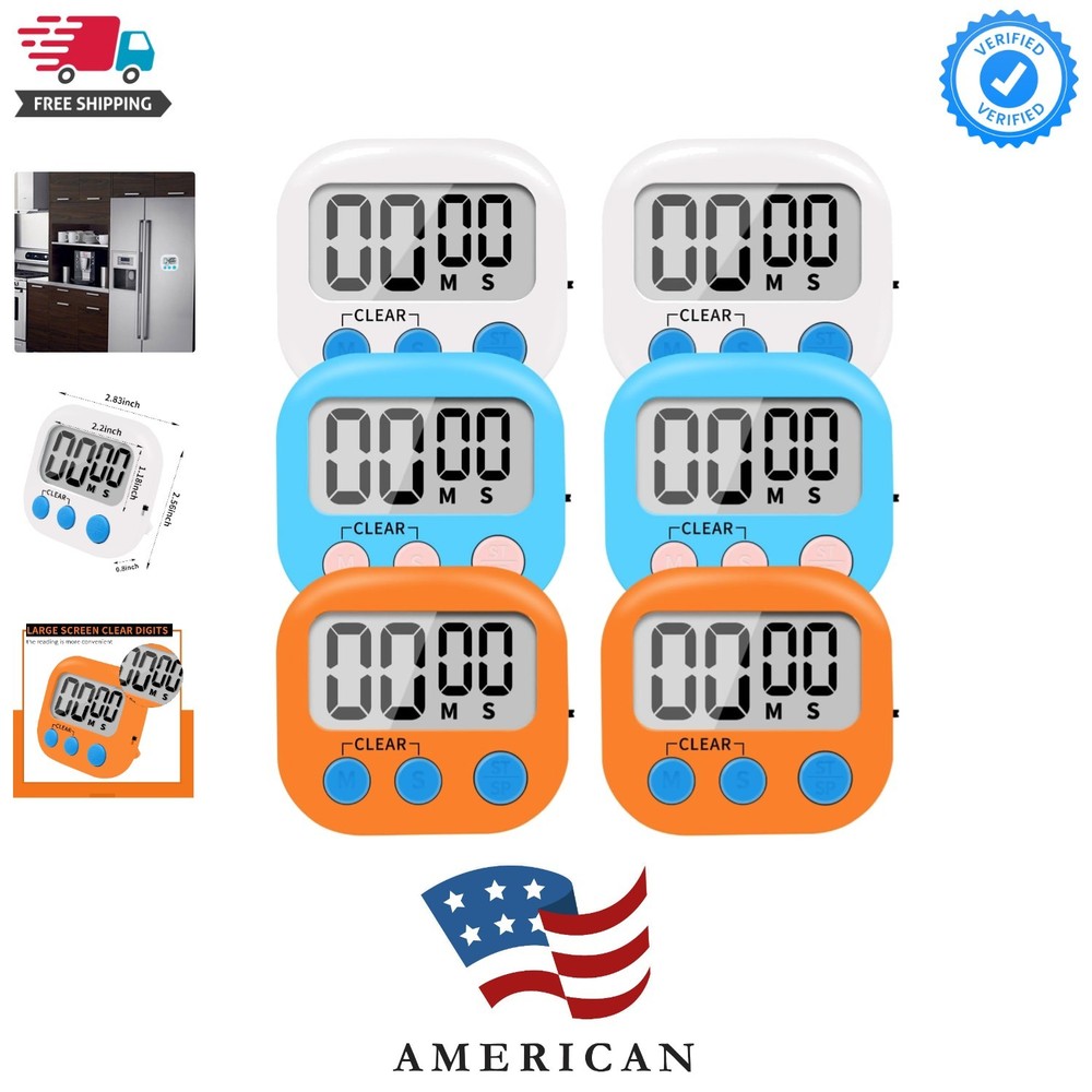 6 Pack Small Digital Kitchen Timer Magnetic Back and ON/Off Switch,Minute Sec...