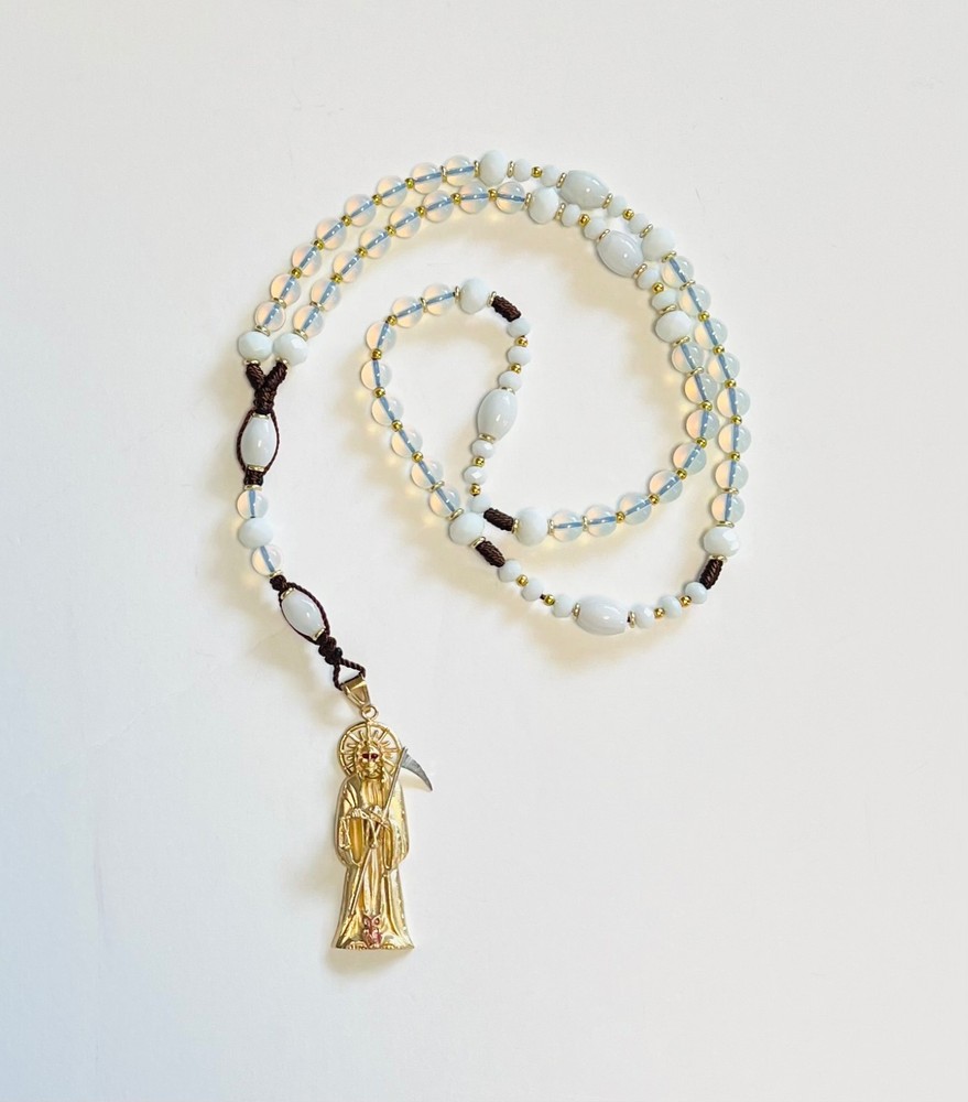 Santa Muerta Holy Death Grim Reaper white Rosary gemstone Opal and peal handmade