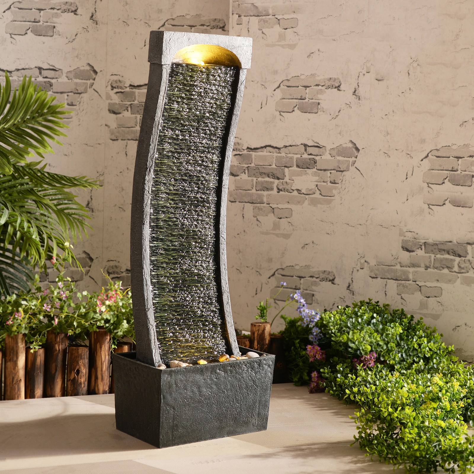 Teamson Home Modern Curved Slate Waterfall Fountain with LED
