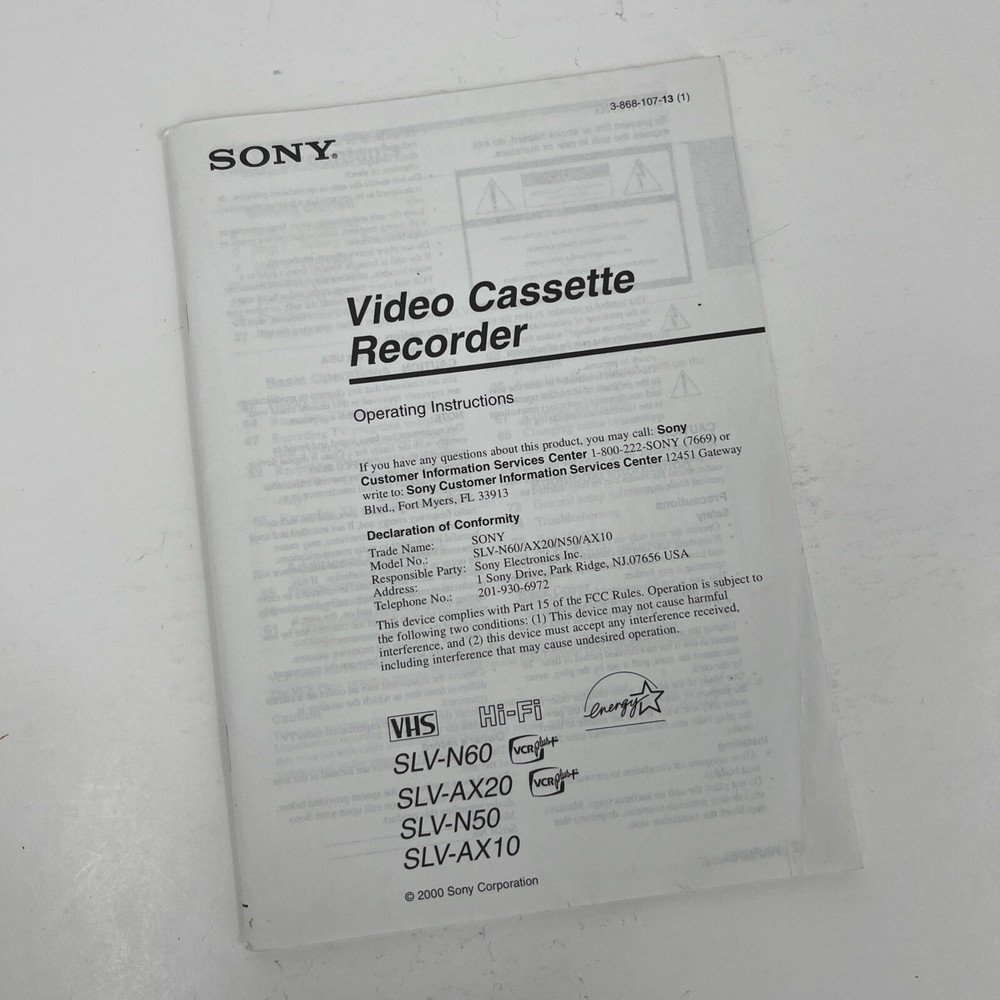 Sony Video Cassette Recorder Operating Instructions Booklet 2000