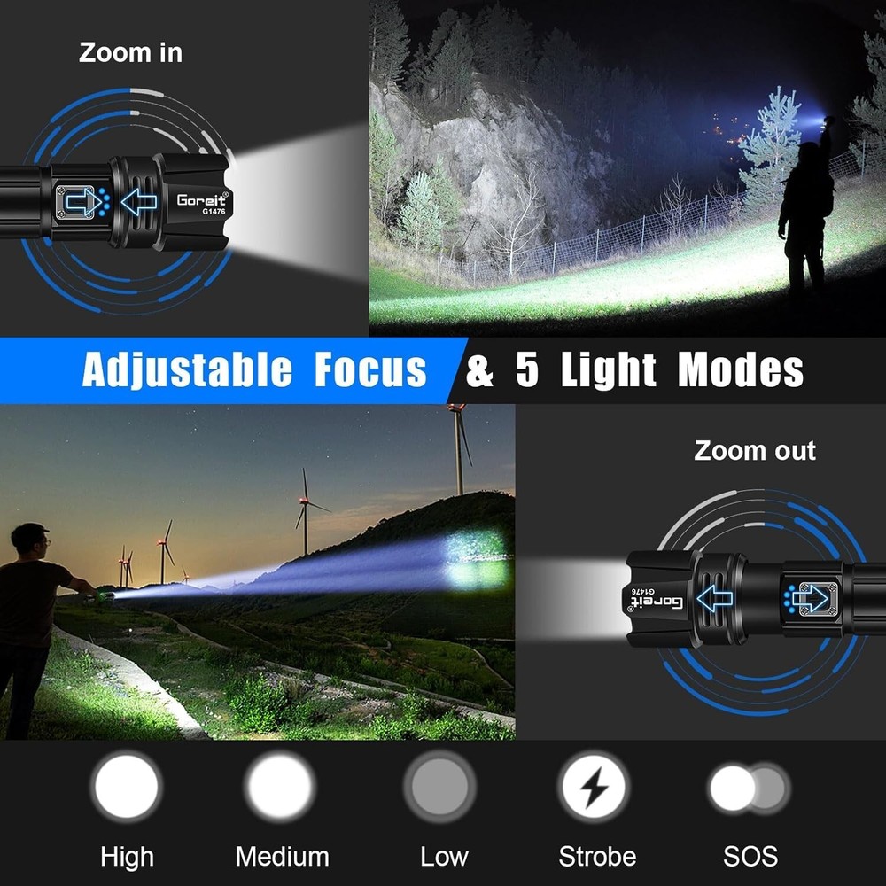 Super Bright Rechargeable Flashlight - 1640ft Range, 5 Modes, Waterproof